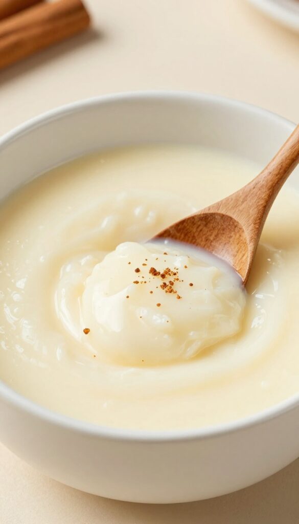 Creamy evaporated milk rice pudding in a ceramic bowl with a wooden spoon, highlighting its silky texture and natural ingredients in a bright, clean setting.