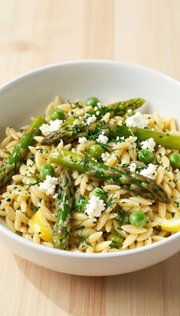 Lemon-herb orzo pasta salad with asparagus, peas, and feta in a white bowl on a wooden table.