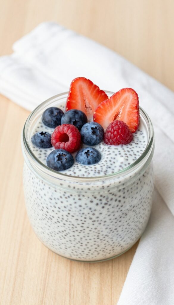 Chia seed pudding in a glass jar topped with fresh berries on a wooden table.