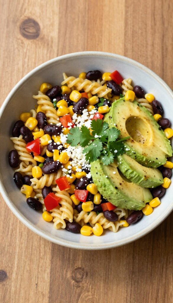 Southwest black bean and corn pasta salad with avocado and cotija cheese in a bowl