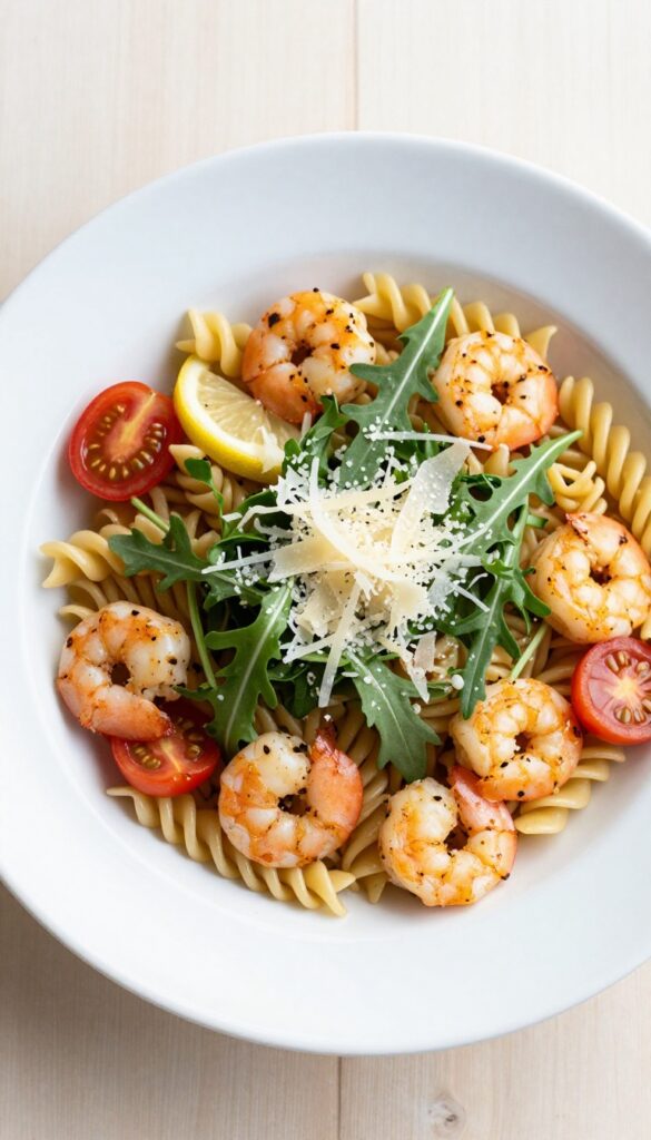 Lemon-herb shrimp and arugula fusilli salad in a white bowl on a wooden table.
