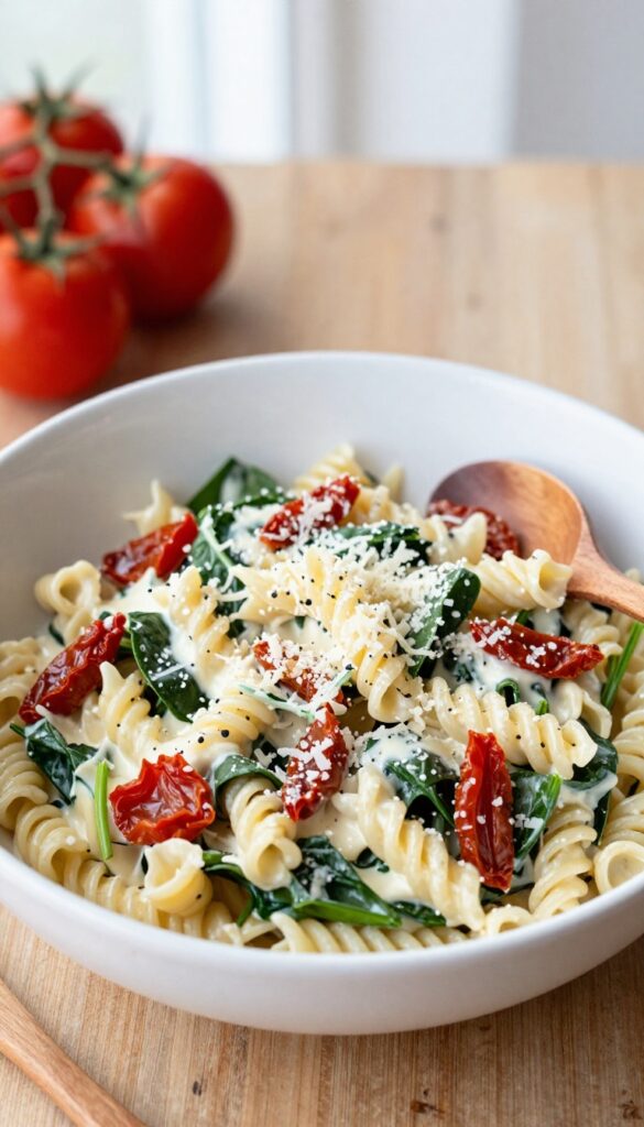 Creamy ranch and sun-dried tomato pasta salad in a white bowl on a wooden table