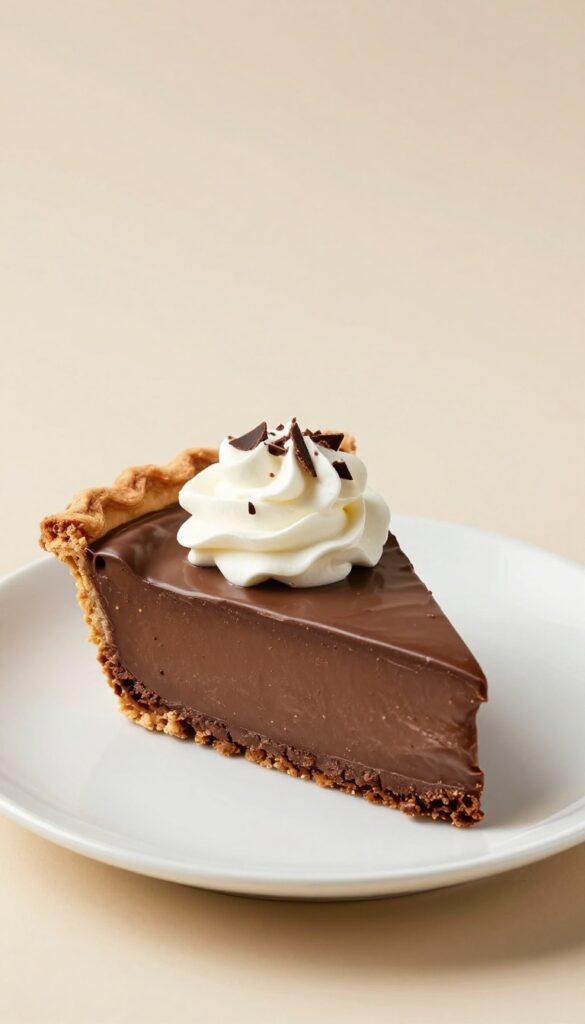 A slice of chocolate silk pie with creamy filling and cookie crust, topped with whipped cream, in natural light for a dessert blog.