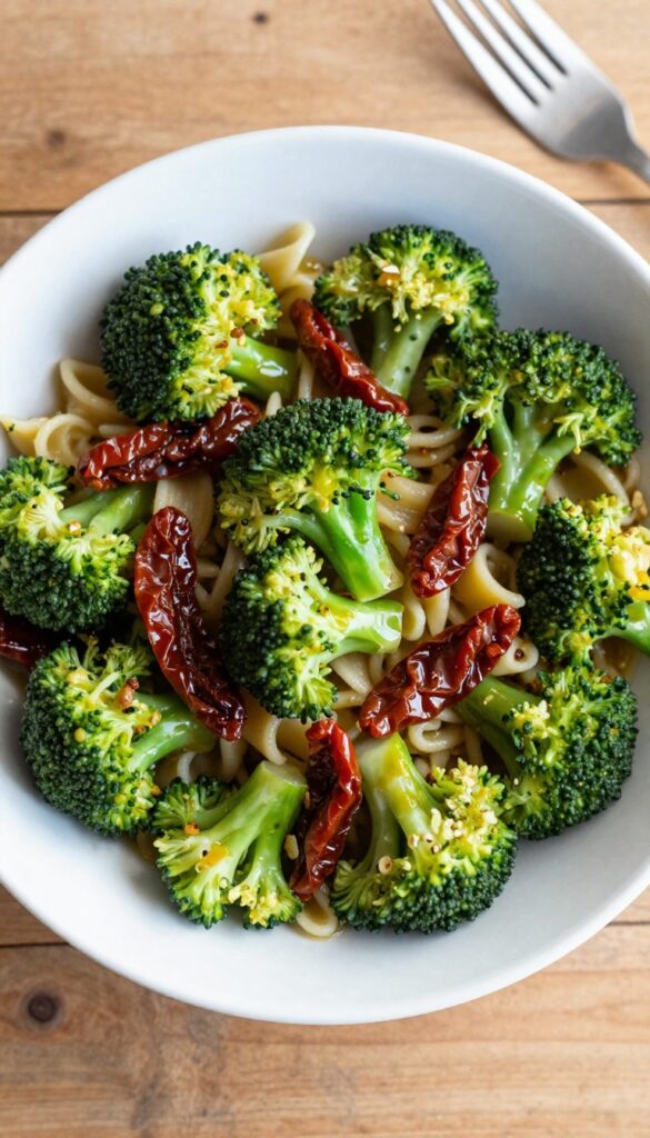 Spicy broccoli pasta salad with sun-dried tomatoes in a bowl on a wooden table.