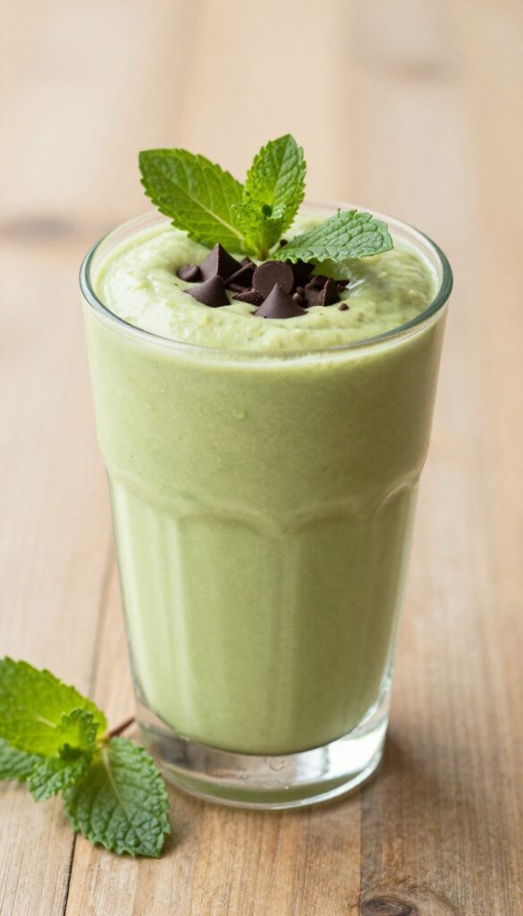 Creamy avocado and mint chocolate chip smoothie in a glass, garnished with dark chocolate chips and mint leaves, on a wooden table in natural light.