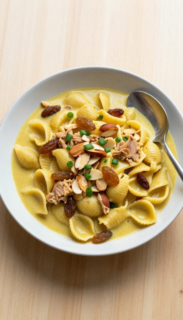 Overhead view of curry tuna pasta salad with golden raisins and almonds in a bowl on a wooden table.