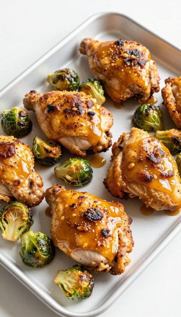 Honey mustard baked chicken with roasted Brussels sprouts on a baking tray, showcasing a healthy low cholesterol meal in a bright, clean setting.