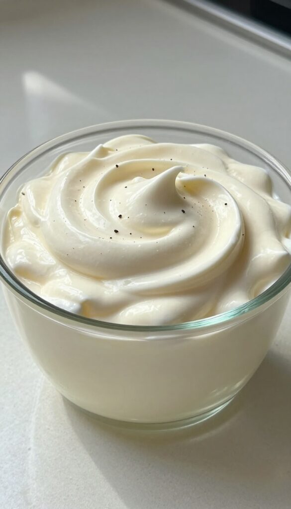 Whipped cream mousse in a glass bowl, light and fluffy, natural light, clean composition