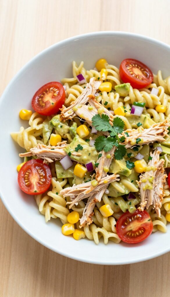 Creamy avocado chicken pasta salad with rotini, chicken, cherry tomatoes, corn, and red onion in a white bowl on a wooden table.