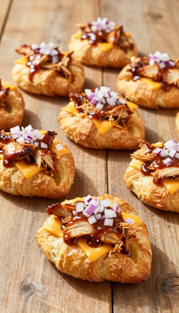 Close-up of BBQ chicken crescent roll cups, showcasing golden-brown pastry filled with shredded chicken in BBQ sauce and melted cheese, arranged on a wooden table in natural light.