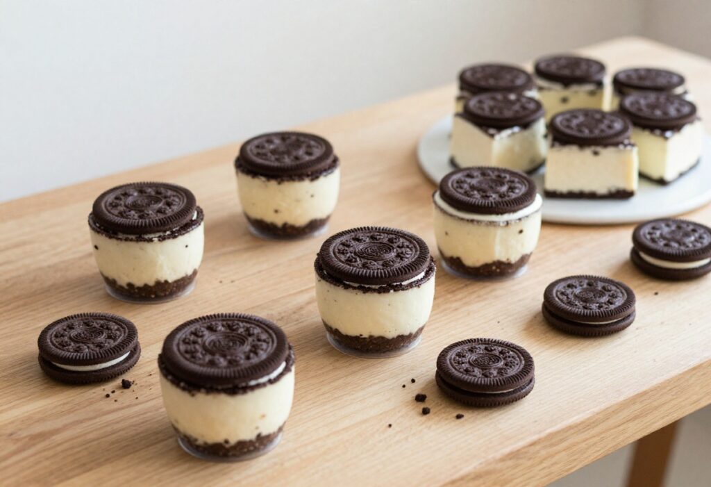A visually appealing arrangement of various Oreo-based desserts, including cheesecake cups and bars, on a wooden table, showcasing the simplicity and deliciousness of easy dessert recipes in a bright, natural setting.