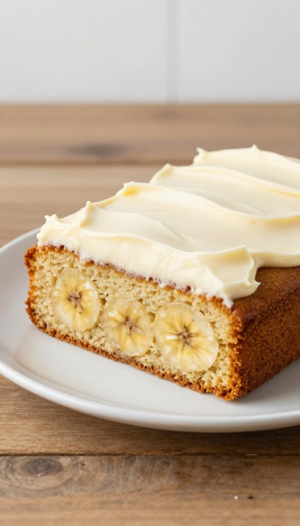 A slice of banana cake with cream cheese frosting on a white plate, garnished with chopped nuts, in natural light.