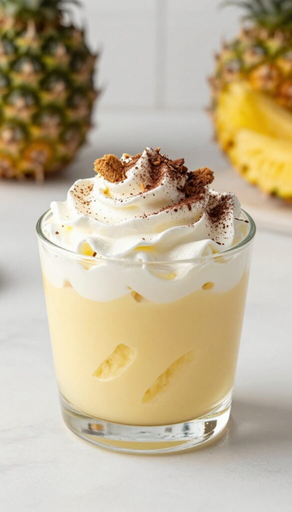 A creamy banana dessert with evaporated milk, layered in a glass dish, topped with biscuits and cocoa powder, presented in natural light for a blog recipe