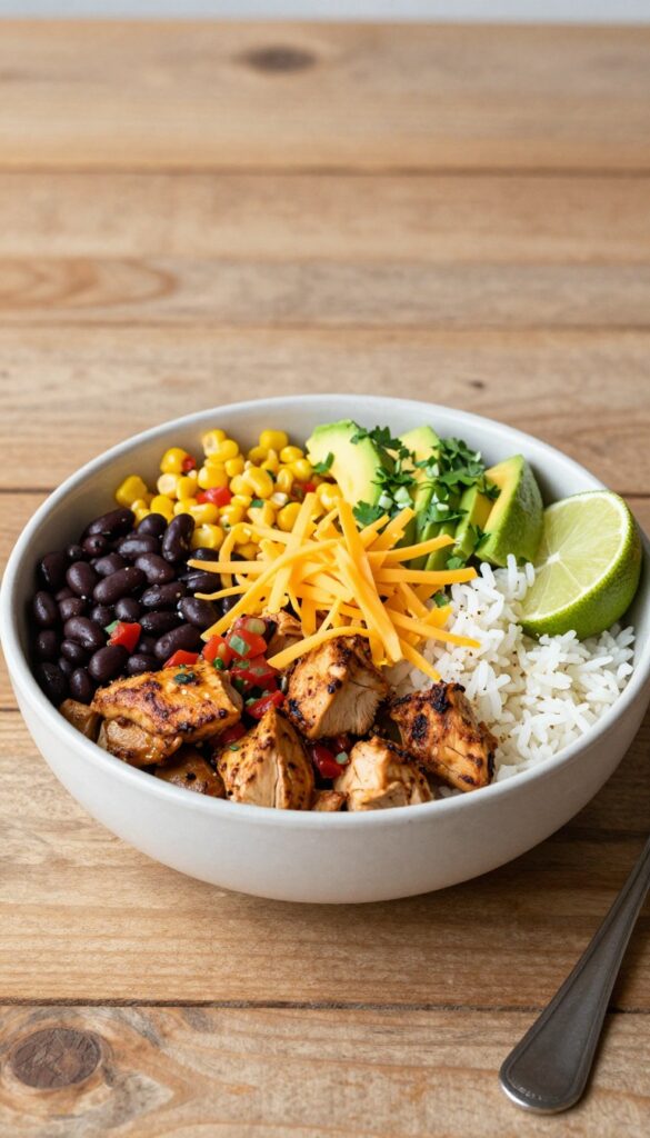 A close-up, photorealistic image of an Instant Pot Chicken Burrito Bowl with layers of chicken, rice, beans, corn, salsa, cheese, avocado, cilantro, and a lime wedge, arranged neatly in a bowl on a wooden table, showcasing a bright and clean composition suitable for a blog.