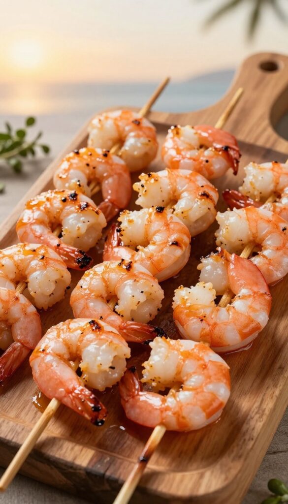 Grilled shrimp souvlaki skewers on a wooden platter, showcasing a high-protein Mediterranean recipe with a smoky, juicy appearance in natural light.