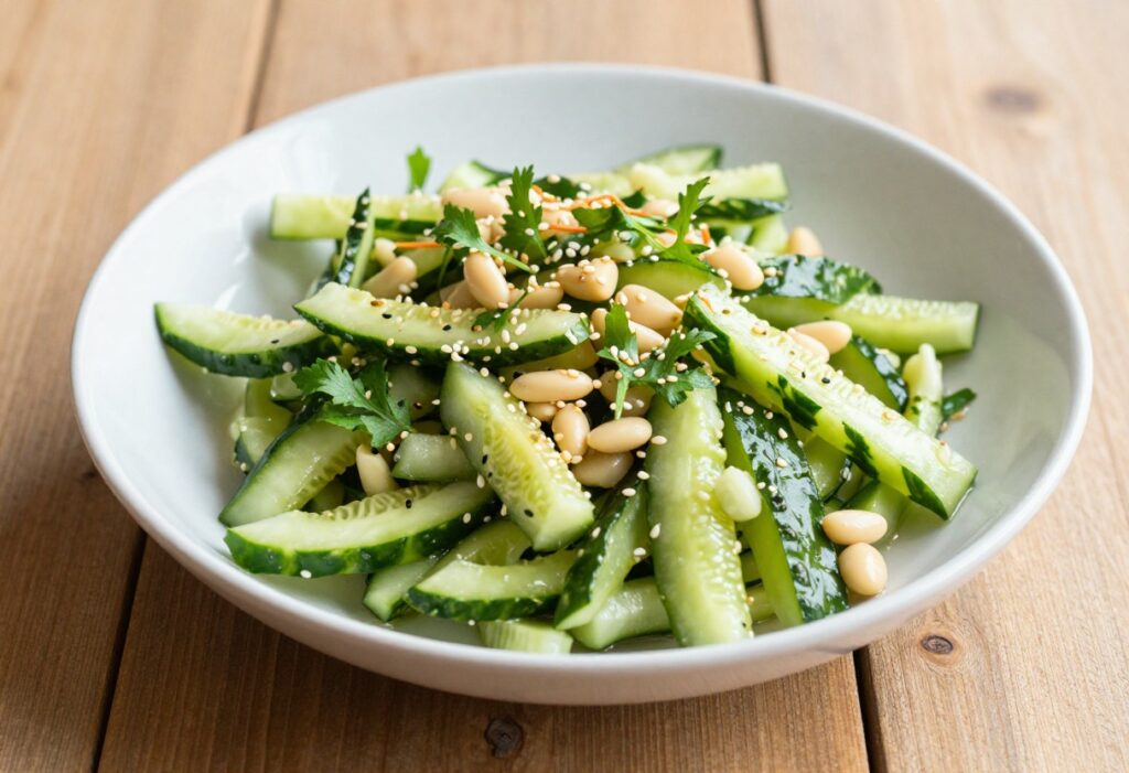 Bowl of sesame soy cucumber salad with fresh herbs and sesame seeds on wooden table