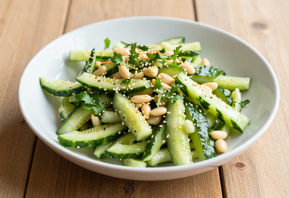 Bowl of sesame soy cucumber salad with fresh herbs and sesame seeds on wooden table