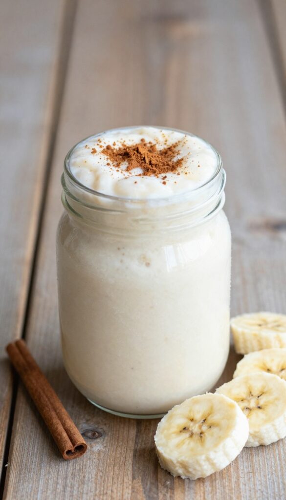 A creamy banana nut smoothie in a glass with banana slices and cinnamon garnish, representing comfort and indulgence