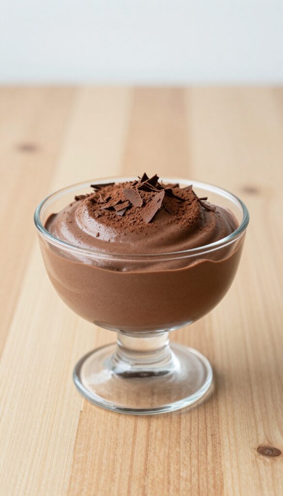 A glass cup of chocolate mousse with shaved chocolate and cocoa powder, presented elegantly on a wooden table in natural light.