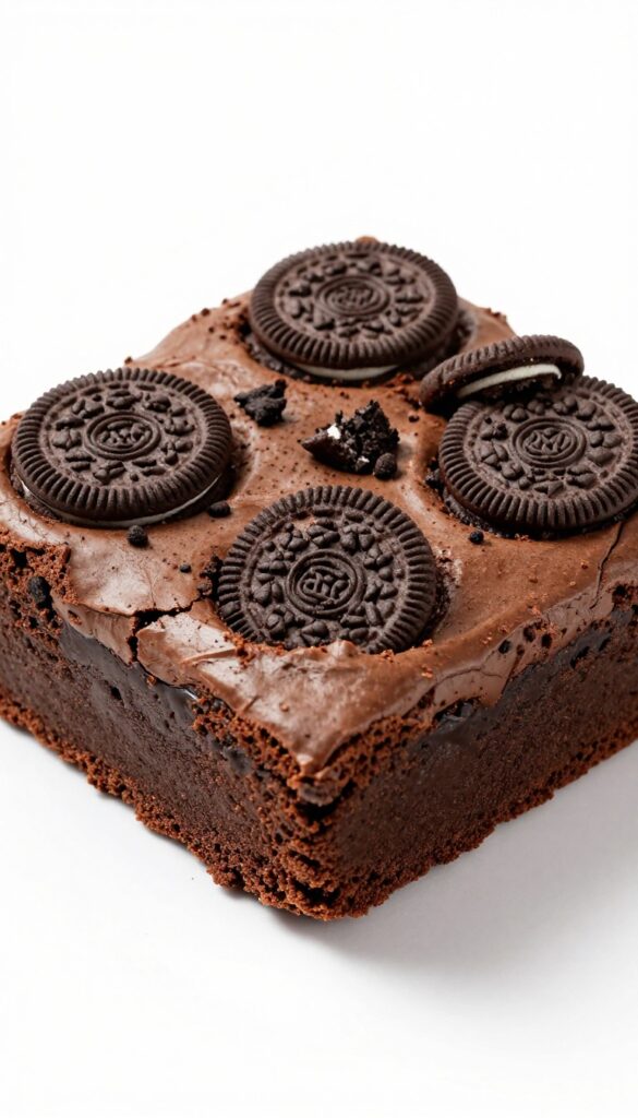 A close-up of an Oreo brownie bake, showing fudgy chocolate brownies with Oreo cookie pieces on top, highlighting texture and contrast in a clean, natural setting.