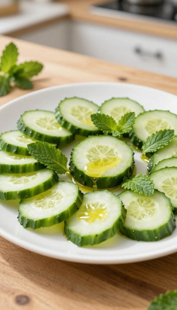 A refreshing cucumber and mint salad with olive oil on a white platter, ready to serve as a simple family meal.