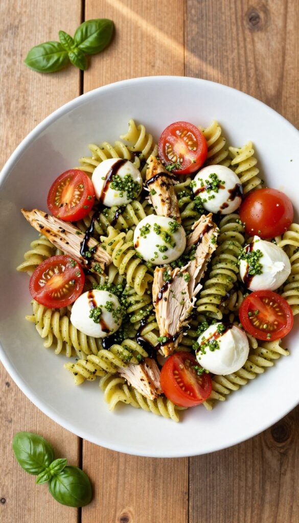 Pesto Caprese Chicken Pasta Salad with balsamic glaze in a white bowl on a wooden table.