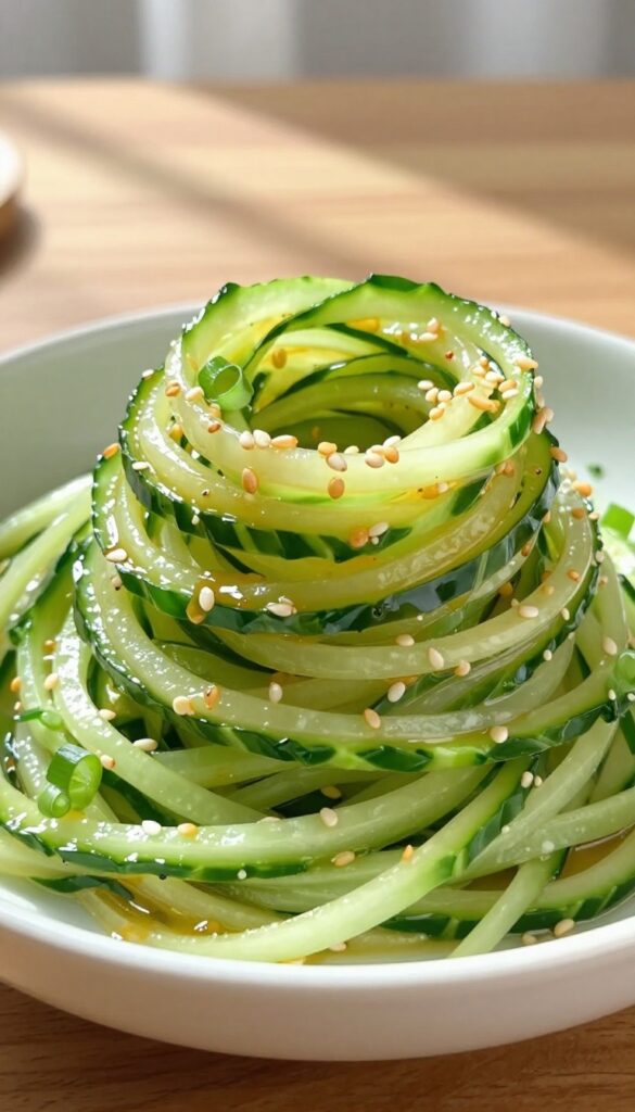 Sesame ginger cucumber noodle salad in a bowl with sesame seeds and scallions