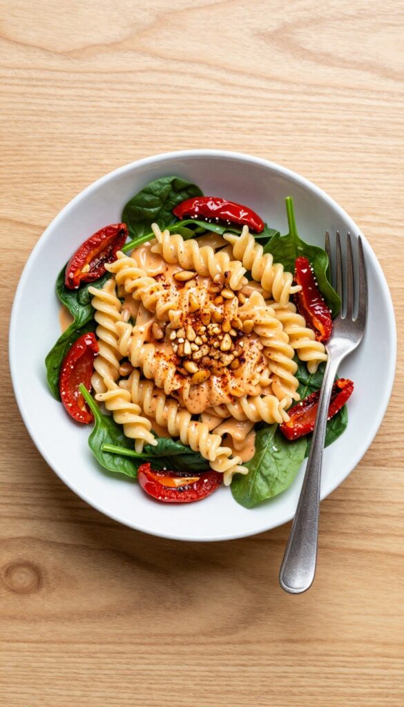 Cold pasta salad with roasted red peppers, spinach, sun-dried tomatoes, and pine nuts in a creamy Greek yogurt dressing