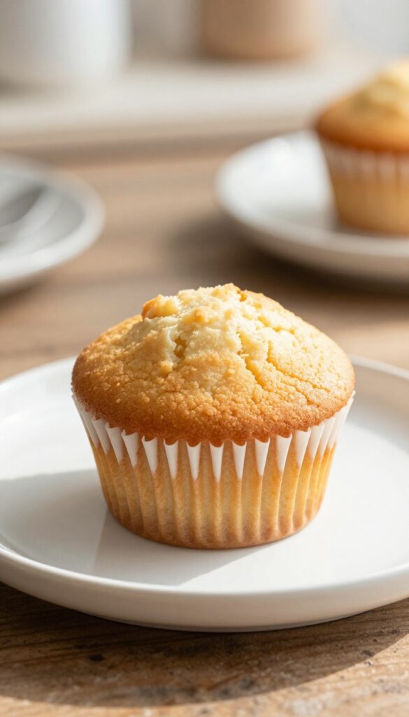 A close-up, photorealistic image of a soft vanilla cupcake on a white plate, showcasing its fluffy texture and golden top in bright natural light, perfect for a blog about classic dessert recipes.