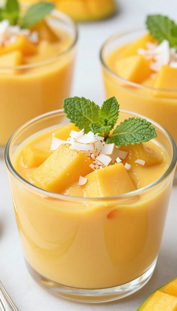 A creamy mango tofu dessert in a glass bowl, garnished with mint leaves, showcasing a smooth texture and bright color under natural light.