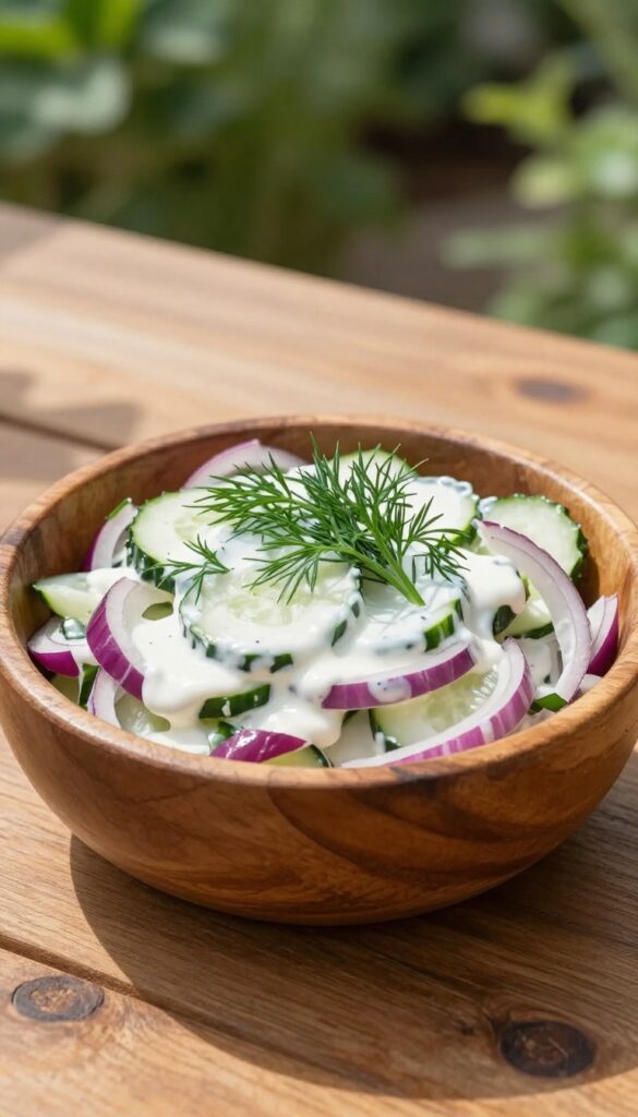 Classic creamy cucumber salad with dill in a wooden bowl on a rustic table