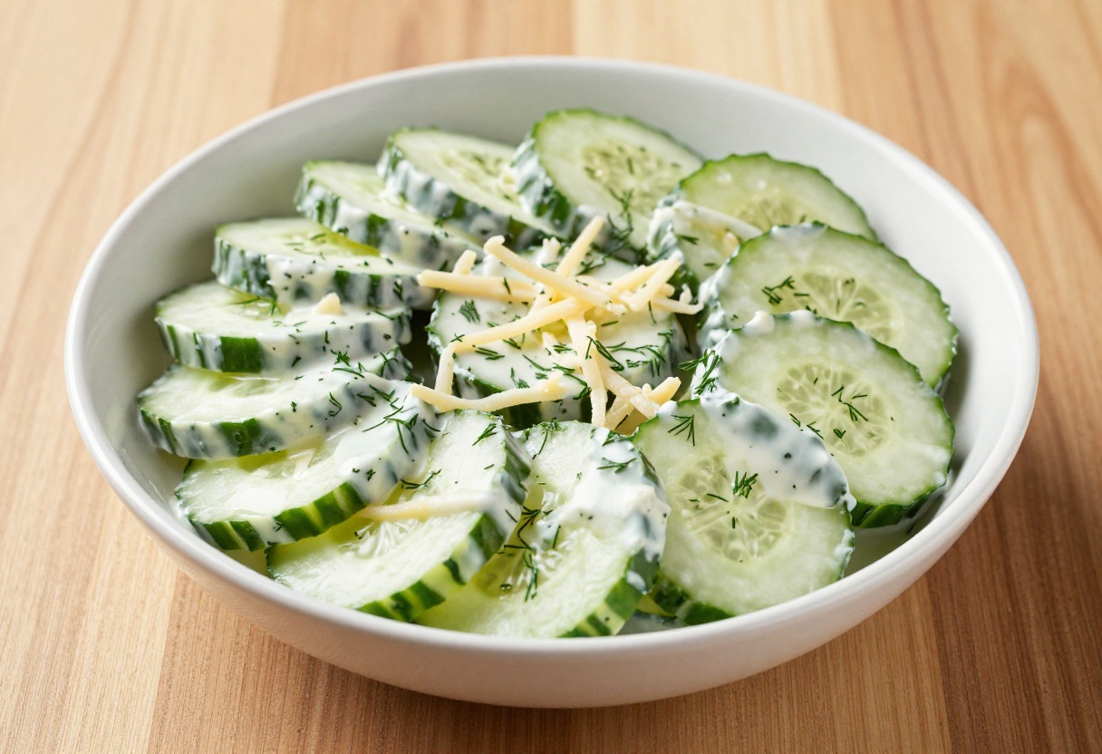 Creamy cream cheese and cheese cucumber salad in a white bowl on a wooden table.