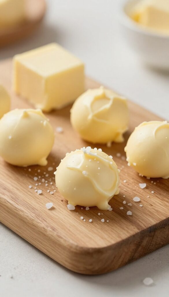 Butter bites with sea salt on a wooden board