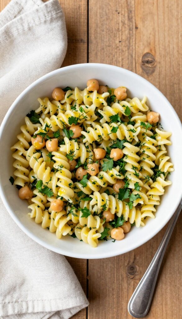 Bright overhead view of lemon-herb pasta salad with chickpeas in a white bowl on a wooden table