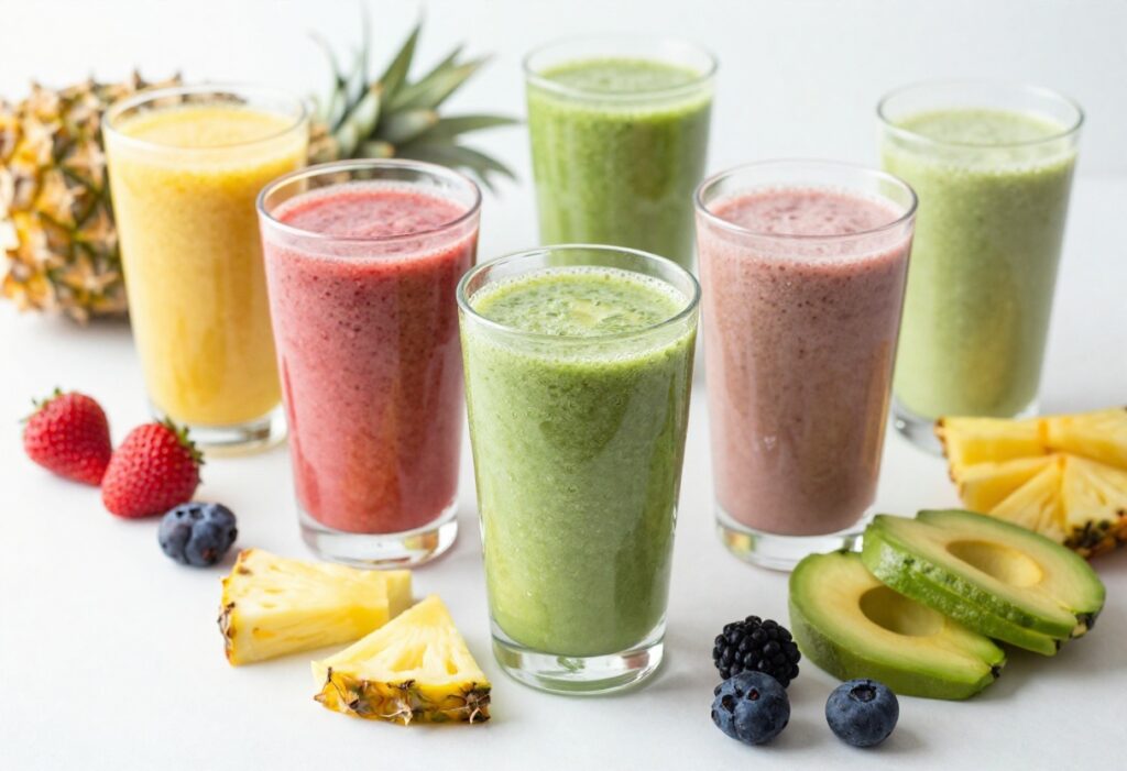 Colorful assortment of smoothies in glasses with fresh fruit garnishes, showcasing banana-free recipe variations.