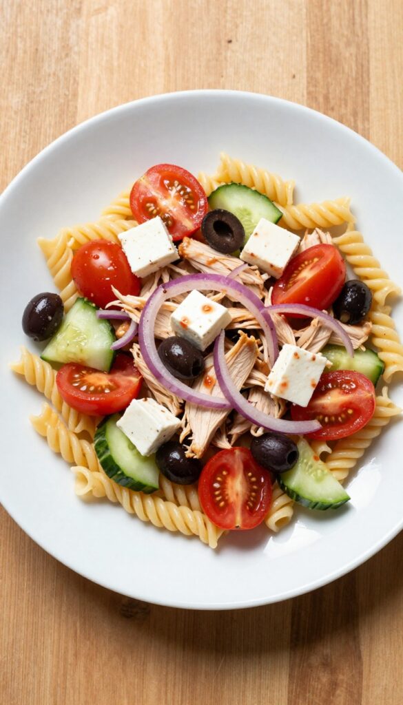 Greek chicken pasta salad with feta and olives on a white plate