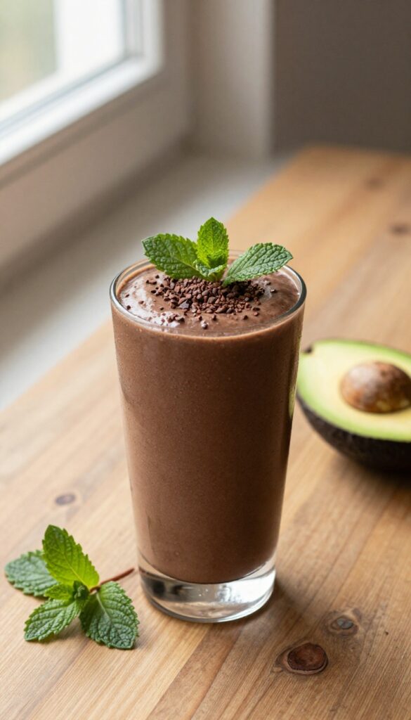 Chocolate avocado smoothie in a chilled glass with cacao nibs and mint, avocado and cocoa pod beside it on wooden table