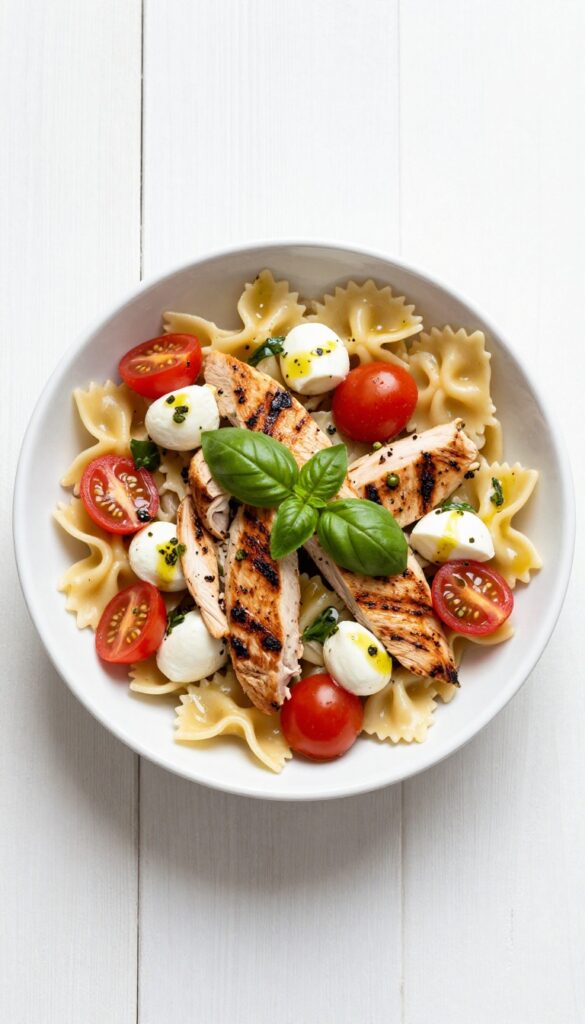 Bowl of lemon basil grilled chicken pasta salad with mozzarella and cherry tomatoes