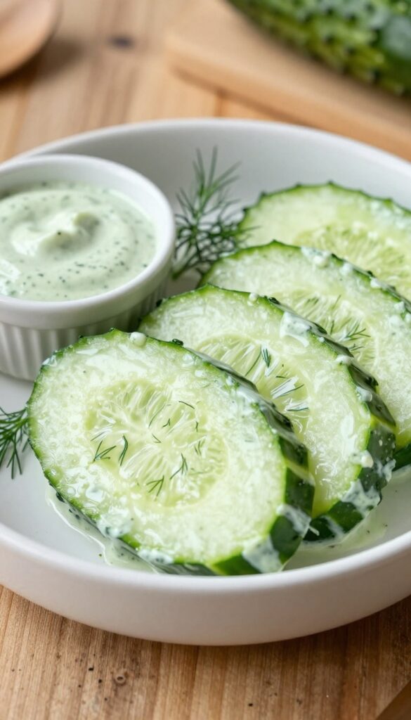 Creamy dill pickle style cucumber salad in a white bowl on a wooden table