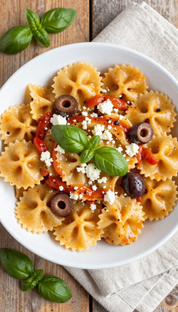 Creamy roasted red pepper farfalle salad with feta and olives in a white bowl on a wooden table.
