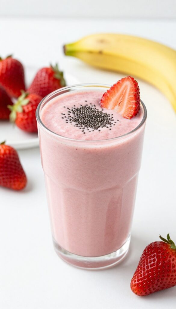 A creamy strawberry banana smoothie in a glass with strawberry slice garnish and chia seeds, surrounded by fresh strawberries and a banana on a clean surface.