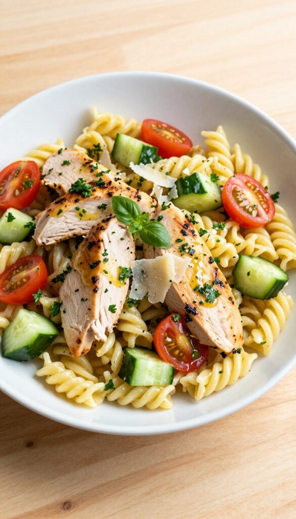 Lemon Herb Chicken Pasta Salad with cherry tomatoes, cucumber, and Parmesan in a white bowl on a wooden table.