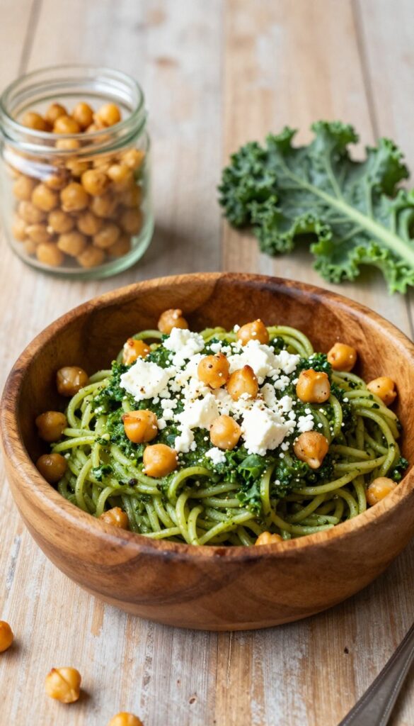 Bowl of kale almond pesto pasta salad with crispy chickpeas and feta on wooden table