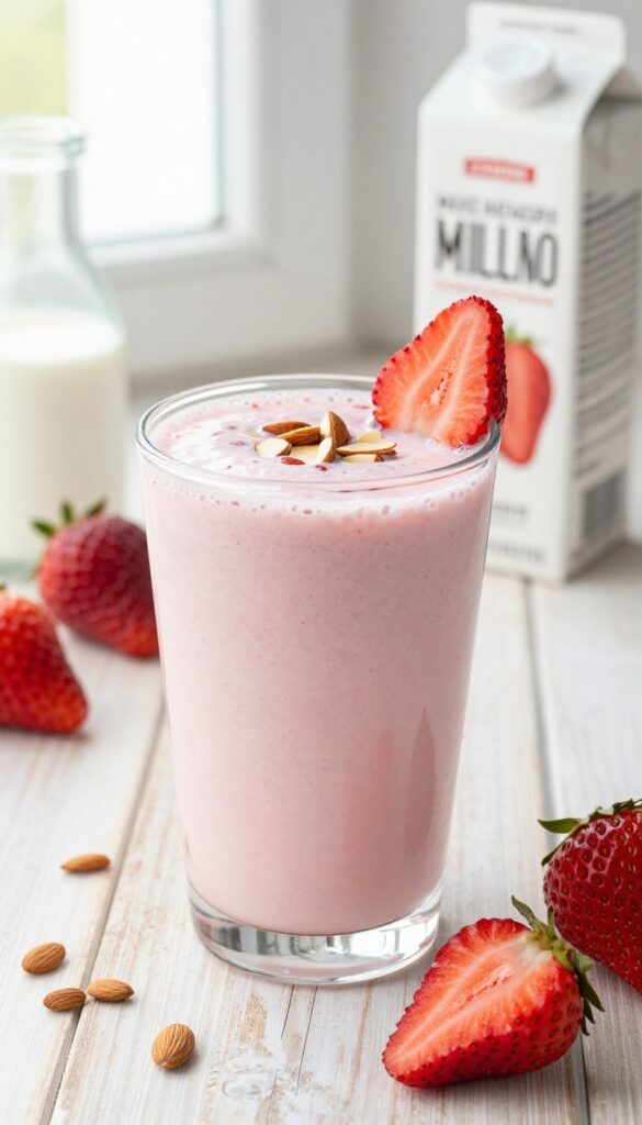 A creamy Vanilla Almond Strawberry Delight smoothie in a glass with strawberry slices and almond garnish on a wooden table, showcasing affordable ingredients for a budget-friendly recipe.