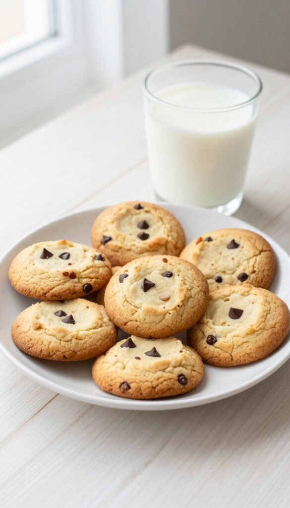 High-protein cookie dough yogurt cookies with chocolate chips on a plate with a glass of milk