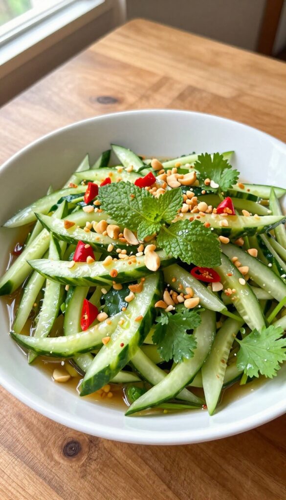 Spicy Thai cucumber salad with peanuts in a white bowl on a wooden table