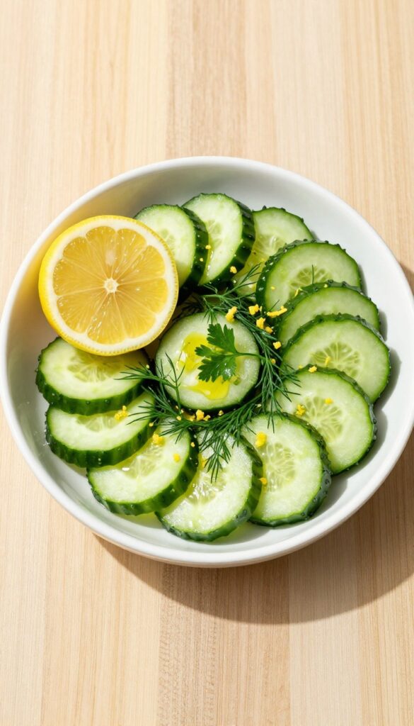 Zesty lemon-herb cucumber salad with fresh dill and parsley on a wooden table