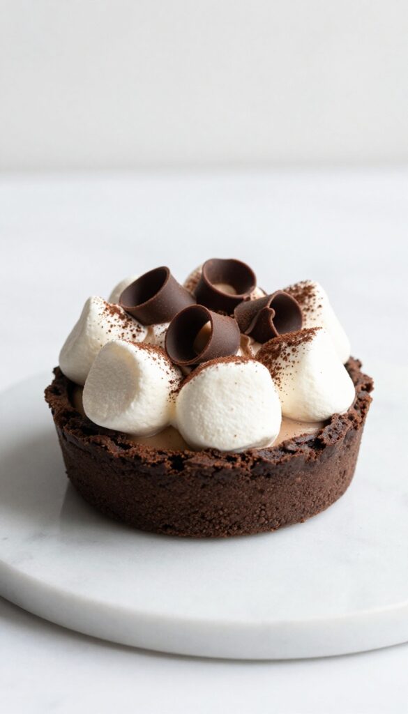 A frozen marshmallow chocolate pie with a chocolate cookie crust, creamy filling, and chocolate curls on top, displayed in bright natural light.