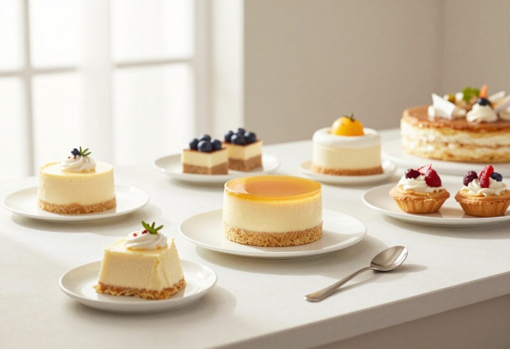 A visually appealing table setting with assorted cream cheese desserts, including cheesecake cups and a layered cake, arranged elegantly under natural light, representing the article's theme of rich and easy dessert recipes.