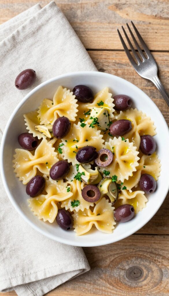 Overhead view of farfalle pasta salad with olives and artichokes in a white bowl on a wooden table.